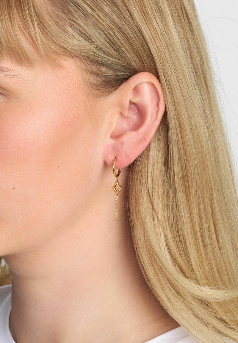 Kuldne rõngaskõrvarõngas, millel on teemantkujulise ripats ja ketirikastus. Sile tekstuur, särav viimistlus ja detailirohke disain.