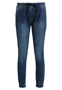 Pantalones jogger de mezclilla en azul oscuro con cintura elástica y cordón. Presentan piernas estrechas y puños elásticos en los tobillos.