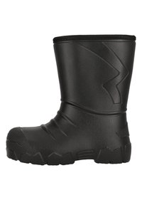 Botte en caoutchouc noire avec une pointe arrondie, surface texturée et un design strié. Présente une hauteur de cheville basse et une semelle robuste à motifs.
