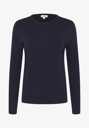 Tums zila garo piedurkņu adīta džemperis ar apaļu kakla izgriezumu, kam ir gluda tekstūra un ribota apdare gar malām.