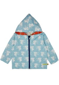 Giacca azzurro chiaro con cappuccio, caratterizzata da stampe di koala bianche, chiusura con zip frontale e fodera interna arancione. Polsini elasticizzati, tessuto resistente.