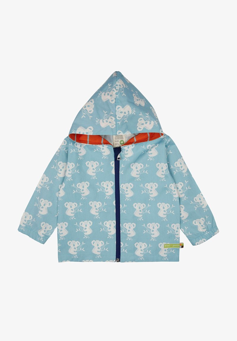 Chaqueta azul clara con capucha, con estampados de koala blancos, cierre delantero con cremallera y forro naranja. Puños elásticos, tejido duradero.