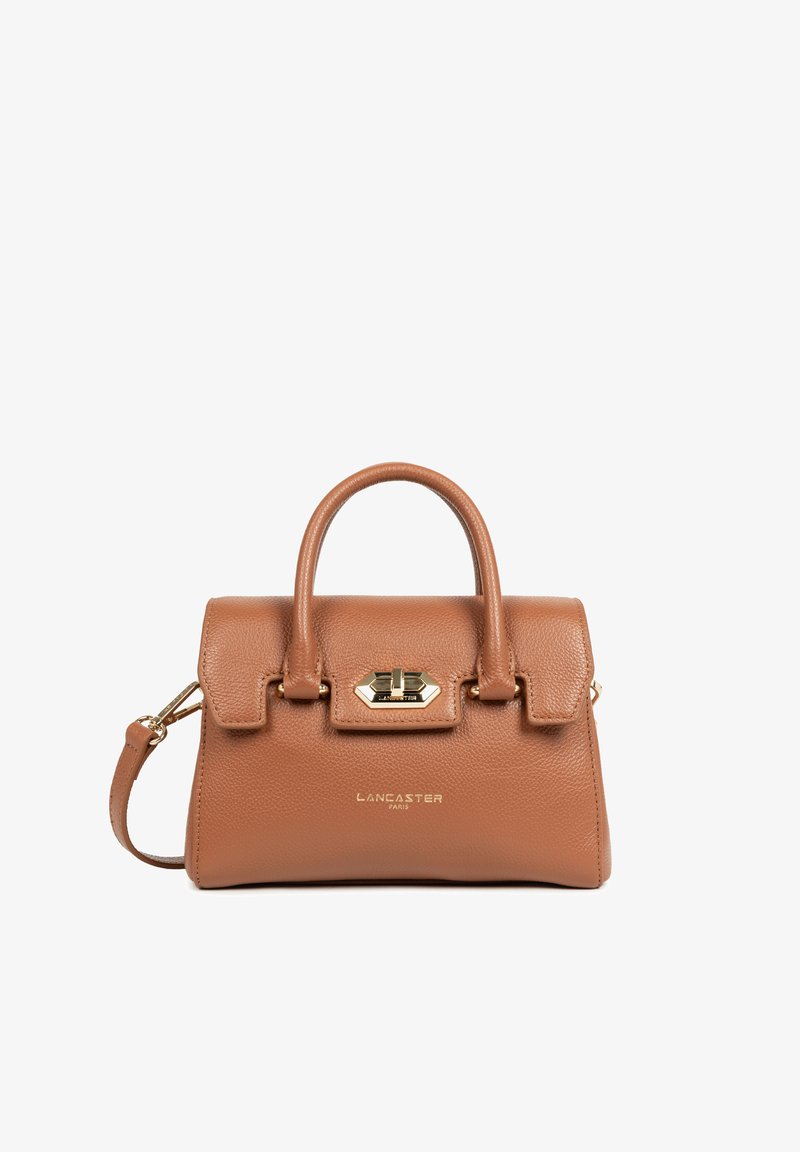 Sac à main en cuir marron avec une forme structurée, deux poignées supérieures, une bandoulière amovible et des accents en métal doré.