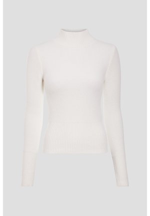 Hvid turtleneck sweater lavet af blødt, struktureret stof. Tætsiddende design med ribbede manchetter og talje, med lange ærmer og høj krave.