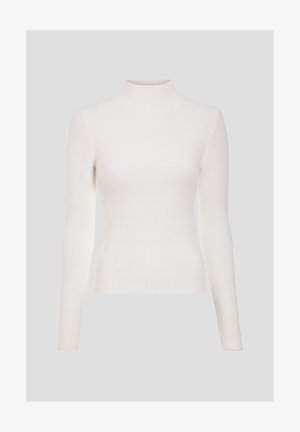 Witte coltrui gemaakt van zacht, gestructureerd materiaal. Strak ontwerp met geribbelde manchetten en taille, met lange mouwen en een hoge kraag.