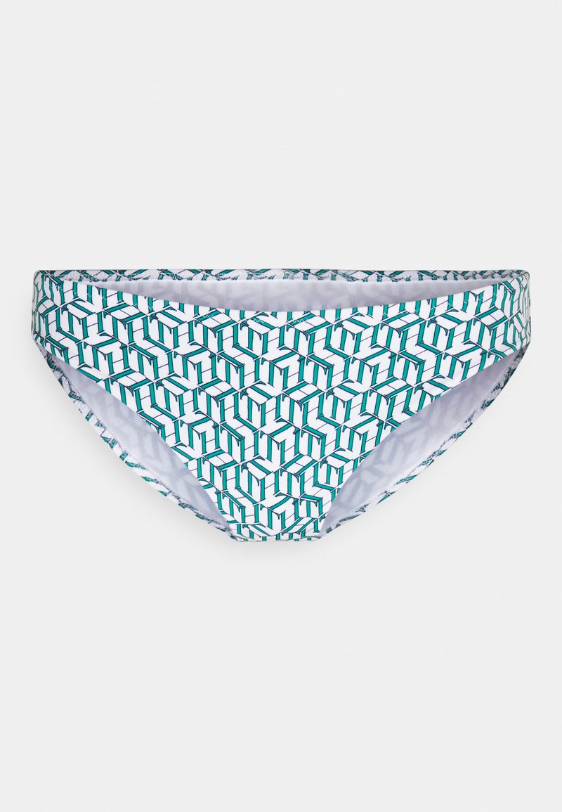 Bikini basso con un motivo geometrico in turchese e bianco. Realizzato in tessuto morbido con un taglio moderato sui lati. Cuciture rinforzate.