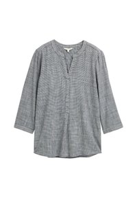 Blusa de manga larga a cuadros grises con escote redondo y una abertura frontal, confeccionada en tejido liviano.
