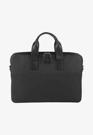 Sort bærepose til laptop lavet af tekstureret materiale med to top håndtag og lynlås lukning. Har et diskret brandlogo på forsiden.