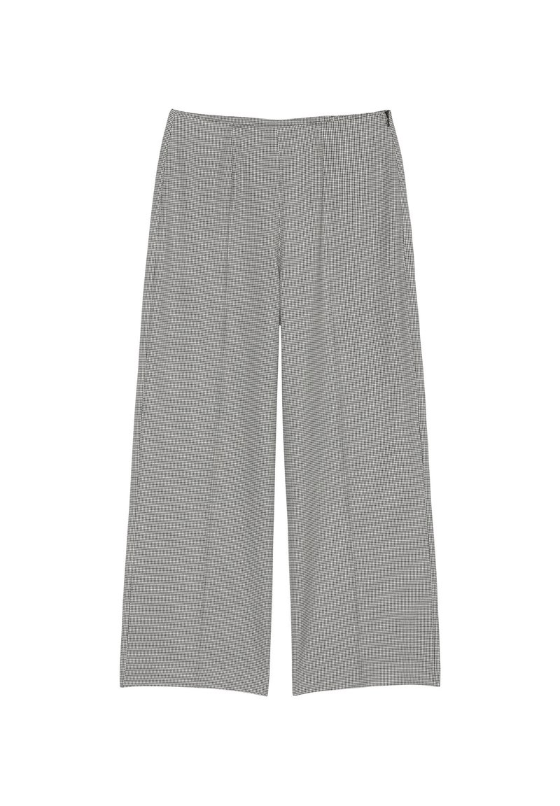 Graue karierte weit geschnittene Hose mit hoher Taille, Falten vorne und glatter Textur. Insgesamt entspannte Silhouette.