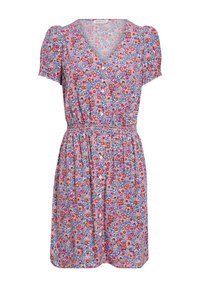 Robe à motif floral avec des manches bouffantes courtes, décolleté en V, taille élastique, fleurs multicolores sur un fond bleu. Tissu léger.
