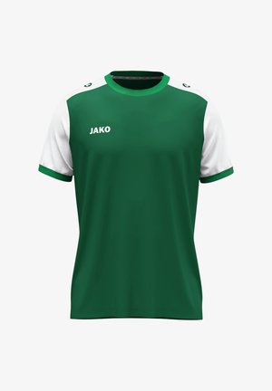 Groen sportshirt met witte korte mouwen en groene accenten. Gemaakt van lichtgewicht stof, met een ronde hals en het "JAKO"-logo.
