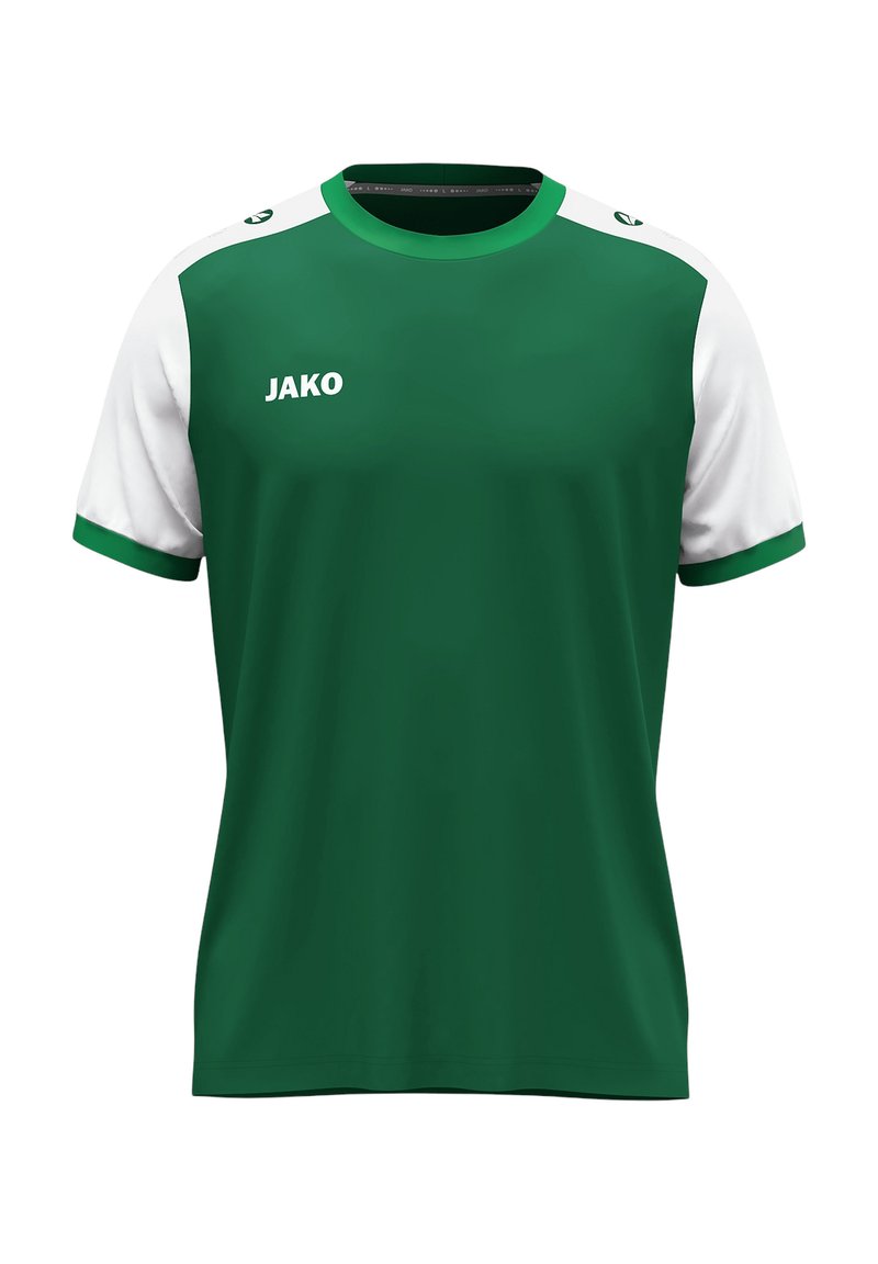 Grünes Sporthemd mit weißen kurzen Ärmeln und grünen Akzenten. Hergestellt aus leichtem Material, mit Rundhalsausschnitt und "JAKO"-Logo.