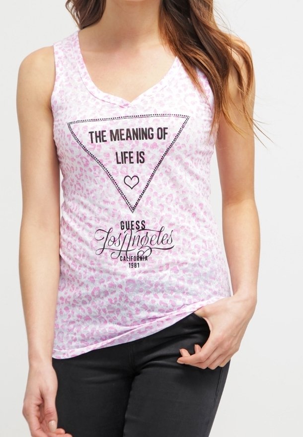 Top sin mangas de estampado de leopardo rosa con un diseño gráfico de triángulo que lleva el texto "EL SIGNIFICADO DE LA VIDA ES" y un corazón. Impresión del logo en negro debajo.