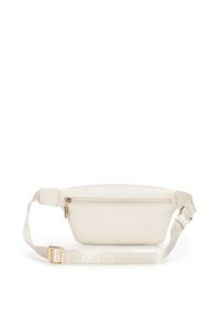 Bílá kožená ledvinka s hladkým povrchem, kapsou na zip a nastavitelným popruhem s logem. Kompaktní a minimalistický design.