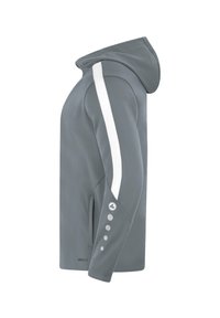 Grauer Hoodie mit glatter Textur, der einen weißen gestrickten Streifen und runde Akzente an den Ärmeln aufweist. Verfügt über Seitentaschen und eine Kapuze.
