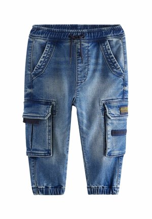 Niebieskie dziecięce spodnie typu cargo z denimu z elastycznym pasem, przednimi kieszeniami, bocznymi kieszeniami z klapą oraz elastycznymi ściągaczami.