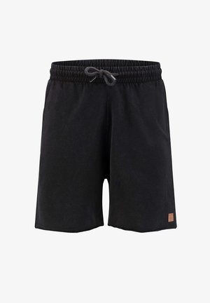 Zwarte korte broek met elastische taille, trekkoord en een klein bruin logo bij de zoom, weergegeven op een witte achtergrond.