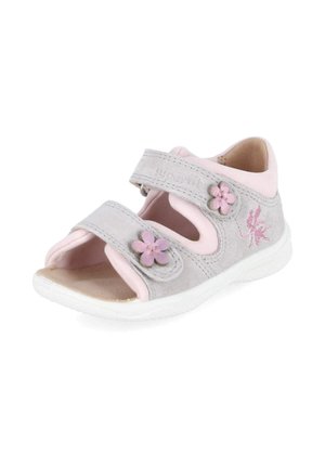 Gray and pink toddler sandal with two adjustable straps, pink flower decorations, and white sole.