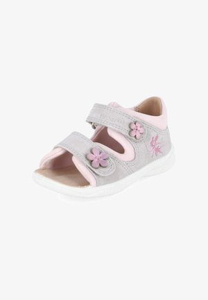 Szaro-różowe sandały dla małego dziecka z dwoma regulowanymi paskami, różowymi kwiatowymi ozdobami i białą podeszwą.