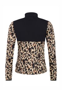 Langärmelige Jacke mit Leopardenprint am unteren Bereich und an den Ärmeln, einfarbig schwarzes oberes Rückenteil und hoher Kragen.