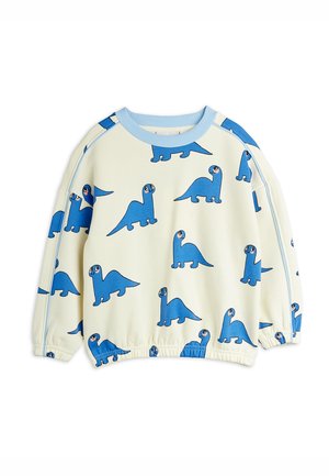 Sweat-shirt pour enfants à manches longues de couleur crème avec des imprimés de dessin animé de dinosaures bleus, col côtelé bleu clair et bandes latérales.