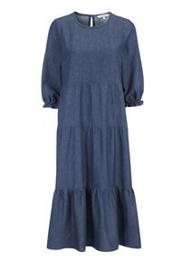 Denimmekko, jossa on pyöreä pääntie, pitkät puffihihat ja kerrokselliset röyhelöt helmassa. Sininen väri, jossa on sileä pinta ja huomaamatonta ommeltua yksityiskohtaa.