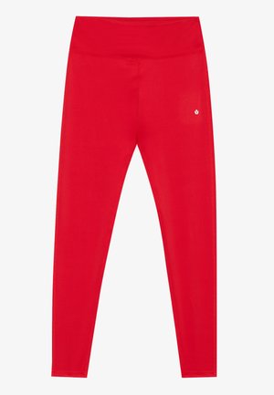 Leggings rojos con una cintura alta y ancha; hechos de un material suave y elástico. Presentan un pequeño logo en el lado inferior. Diseño ajustado.