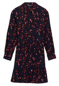 Marineblauwe jurk met een bloemenprint in roze en zwart. Heeft een kraag, knopen en lange mouwen, eindigend in een gelaagde, geraffineerde zoom.