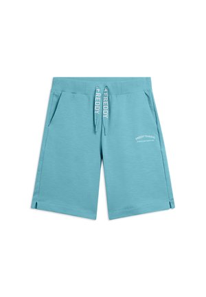 Shorts de sport bleu clair avec poches avant, une taille élastique avec cordons portant l'inscription "FREDDY" et un petit logo "FREDDY TRAINING" sur la jambe.