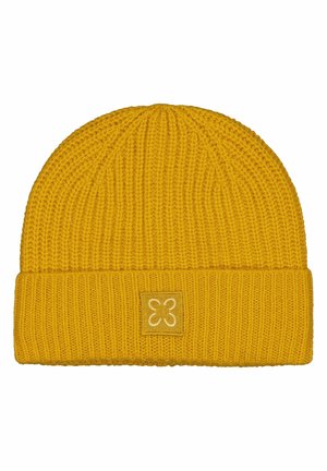 Yellow knitted beanie with folded cuff featuring a small square patch embroidered with a white four-petal flower design on cuff front.