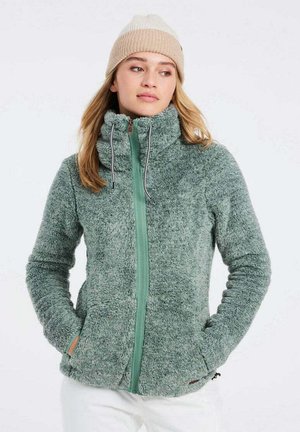 Fleecejacke in sanftem Grün mit vollständigem Reißverschluss, hohem Kragen und Seitentaschen. Mit kontrastierendem hellgrünen Reißverschluss und strukturiertem Stoff.