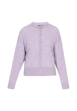 Laventelikudottu neuletakki, jossa on pyöreä kaula-aukko, nappikiinnitys ja pitkät hihat. Siinä on ribbireunus ja pehmeä rakenne.