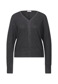 Pull en gris foncé avec un col en V, manches longues et poignets côtelés. Présente une couture centrale accentuée par un motif de paillettes subtil. Texture douce.
