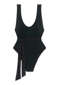 Crni jedinstveni kupaći kostim s dubokim izrezom i širokim naramenicama, s teksturiranim remenom na struku. Glatka tkanina.