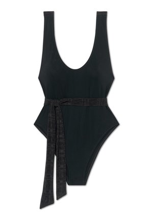 Schwarzer Einteiler-Badeanzug mit tiefem runden Ausschnitt und breiten Schulterträgern, mit einem strukturierten Bindegürtel in taillierter Höhe. Glattes Material.
