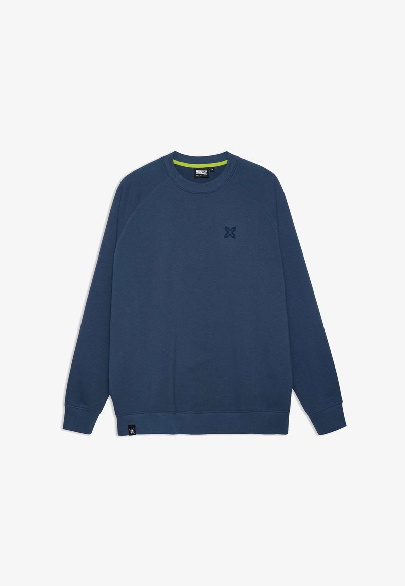 Sweat-shirt bleu marine à manches raglan, poignets et ourlet côtelés. Présente un petit logo en relief sur la poitrine et un col intérieur contrastant.