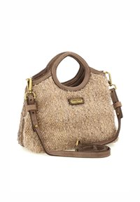 Borsa in tweed beige con superficie testurizzata, dettagli in pelle marrone, manici tondi e una tracolla removibile. Dettagli in metallo dorato.