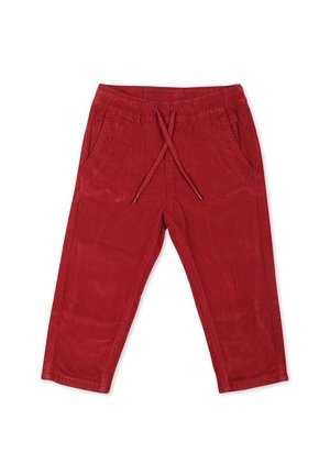 Pantaloni in cotone rossi con una texture morbida, forma affusolata, vita elastica, cordoncino e tasche laterali. Finitura liscia senza motivi.