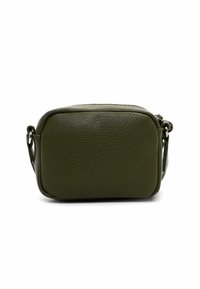 Compact olive green textured leather crossbody bag with zipper closure and adjustable side strap.
