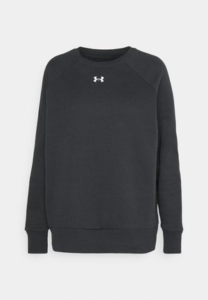 Black sweatshirt featuring a crew neck and long raglan sleeves. Has a white Under Armour logo on the chest. Made of soft fabric.