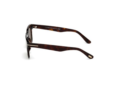 Brązowe okulary przeciwsłoneczne w stylu żółwim z grubymi oprawkami, złotymi akcentami na zausznikach i smukłym designem. Solidny materiał z wypolerowanym wykończeniem.