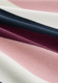 Tessuto con motivo a righe in blu scuro, bordeaux, rosa e bianco. Materiale tessuto con una texture, con dettagli di cucitura visibili lungo le righe.