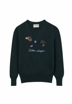 Jersey verde oscuro con un teckel marrón que lleva una chaqueta azul marino y texto "Silbon classic" debajo del bordado del perro en el frente.