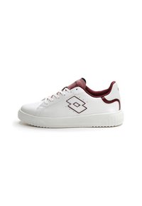 White sneaker with maroon accents, smooth synthetic upper, round toe, lace-up design, and textured midsole with horizontal lines.