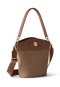 Sac à main en cuir marron avec une partie inférieure texturée, un dessus lisse et un fermoir à crochet en or. Comprend une bandoulière amovible et des accents en relief.