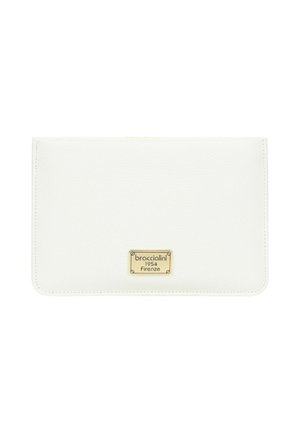 Portafoglio in pelle bianca con targhetta metallica dorata con logo "braccialini 1954 Firenze" al centro della pattina frontale.