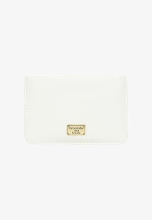 Portafoglio in pelle bianca con targhetta metallica dorata con logo "braccialini 1954 Firenze" al centro della pattina frontale.