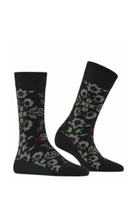 Czarne skarpetki z kwiatowym wzorem w odcieniach szarości, czerwieni i zieleni. Wykonane z dzianiny z prążkowanym ściągaczem dla komfortu. Zaprojektowane do codziennego noszenia.