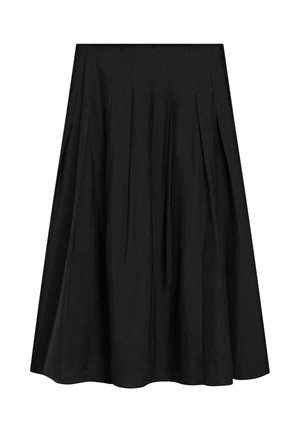 Černá áčková midi sukně s předními záhyby a přiléhavým pasem, navržená pro rozšířený a plynulý střih.