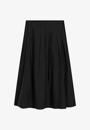 Černá áčková midi sukně s předními záhyby a přiléhavým pasem, navržená pro rozšířený a plynulý střih.